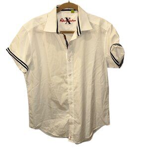 Robert Graham white black short sleeved crisp cotton button down shirt L plaid